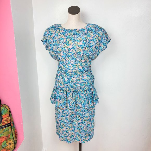 Vintage 80s Blue Multi Floral Print Peplum Wiggle Dress - Picture 3 of 9